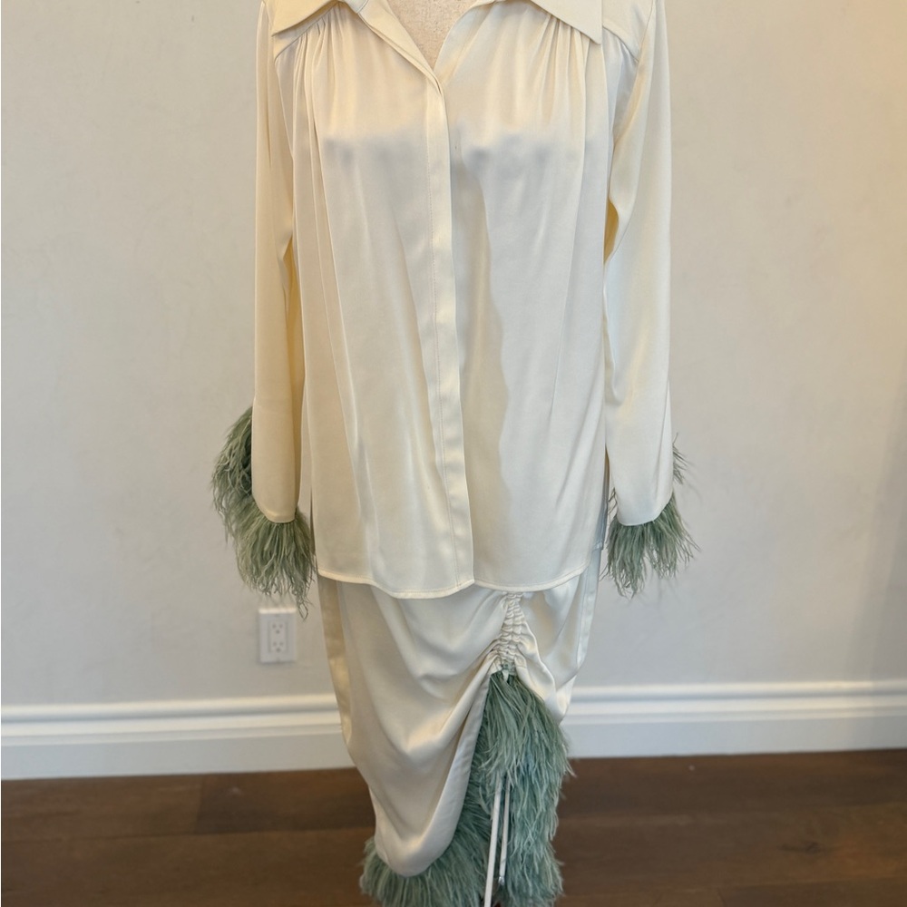 Cream Blouse and Skirt Set with Green Feather Accents